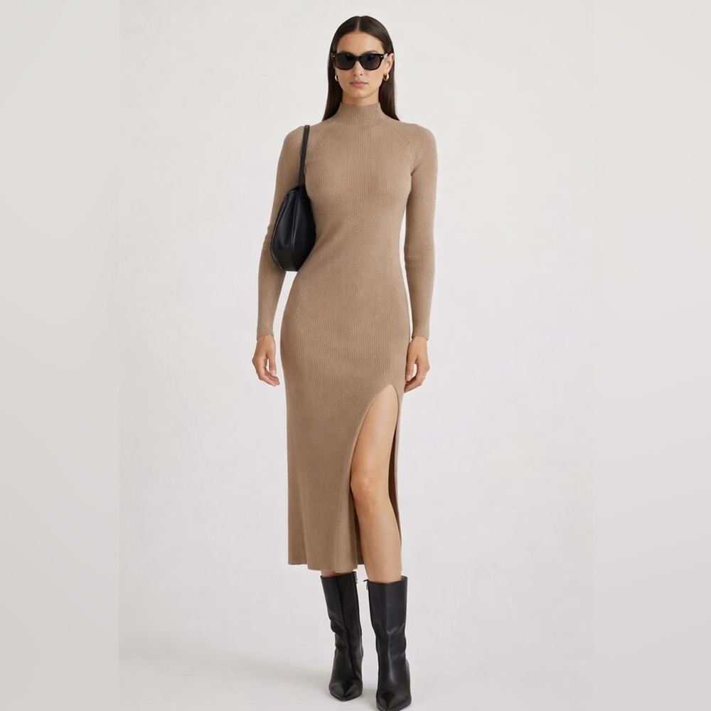 NWT Quince EcoKnit Ribbed Mick Neck Midi sweater dress in warm taupe colorway S